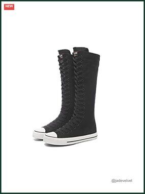 Tall Canvas Lace Up Knee High Sneakers Flat Platform 3cm